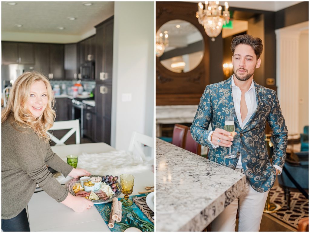 2 image collage, caucasian blond woman on the left is setting down a plate of meat and cheese to a dining room table and smiling at the camera. The caucasian brunette man on the right is holding a glass of champagne in a luxury hotel while he looks away from the camera with a serious, alluring facial expression. 