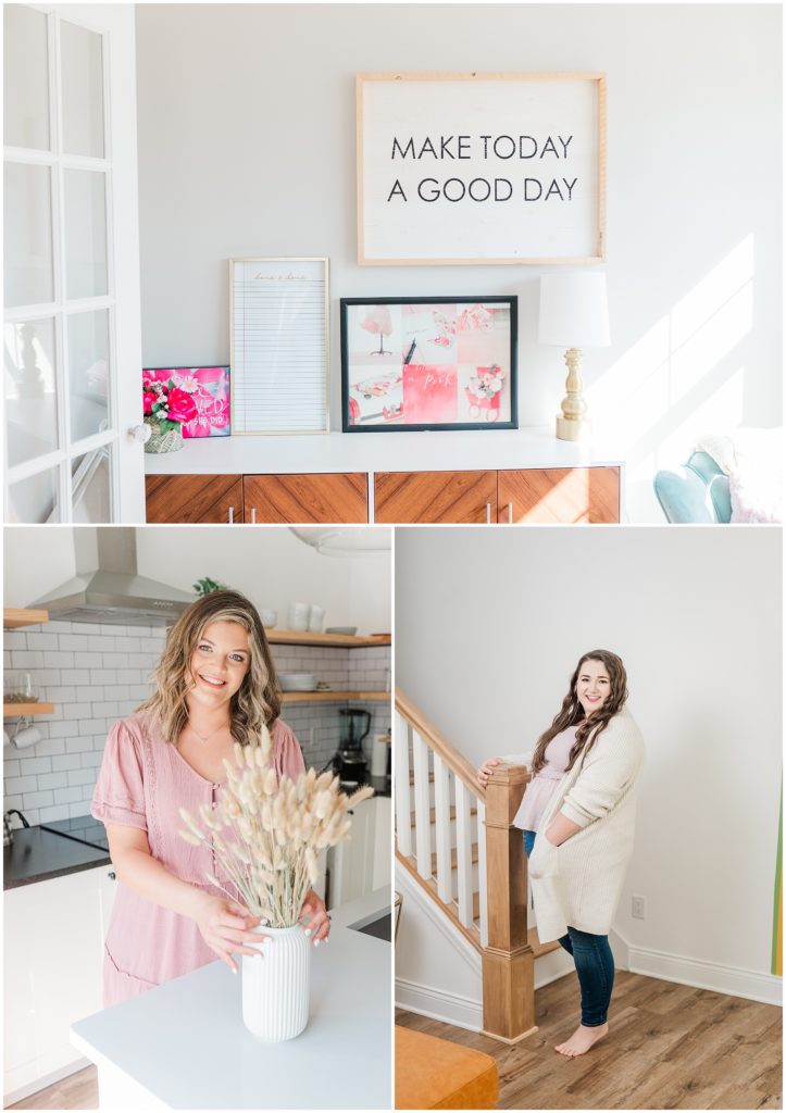 3 image collage, the top is an office wall and dresser with several decor pieces and a lamp. The bottom left image is of a caucasian brunette with blond highlights and she is looking and smiling at the camera while she fixes plants in a white vase. The caucasian brunette in the bottom right image is wearing jeans and a cream cardigan, coming down from a set of stairs and turning the corner with a smile and looking at the camera.