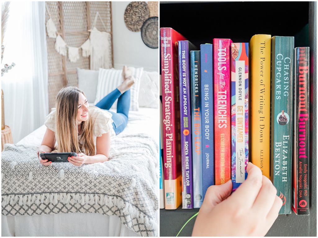 2 image collage, the caucasian brunette with light hair in the right image is laying down on a bed on her stomach while playing a Nintendo Switch and smiling off to camera right. The left image is a hand reaching to pull a book out from a bookcase. 