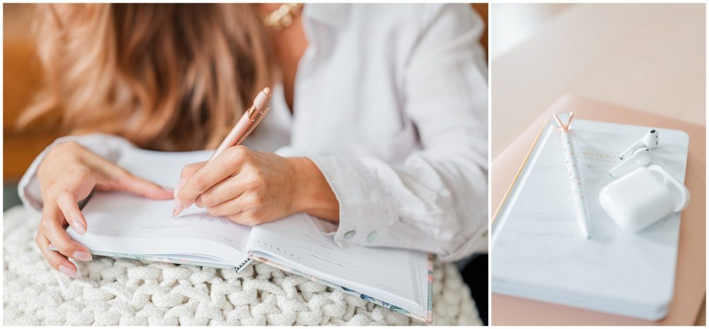 2 image collage, the image on the right is a woman holding a pen and writing in a journal. The focus is just on her writing in the journal. The image on the right is a detail photo of a rose gold MacBook with a marble journal on top, a rose gold polka dot pen and Apple AirPods on top of the journal.