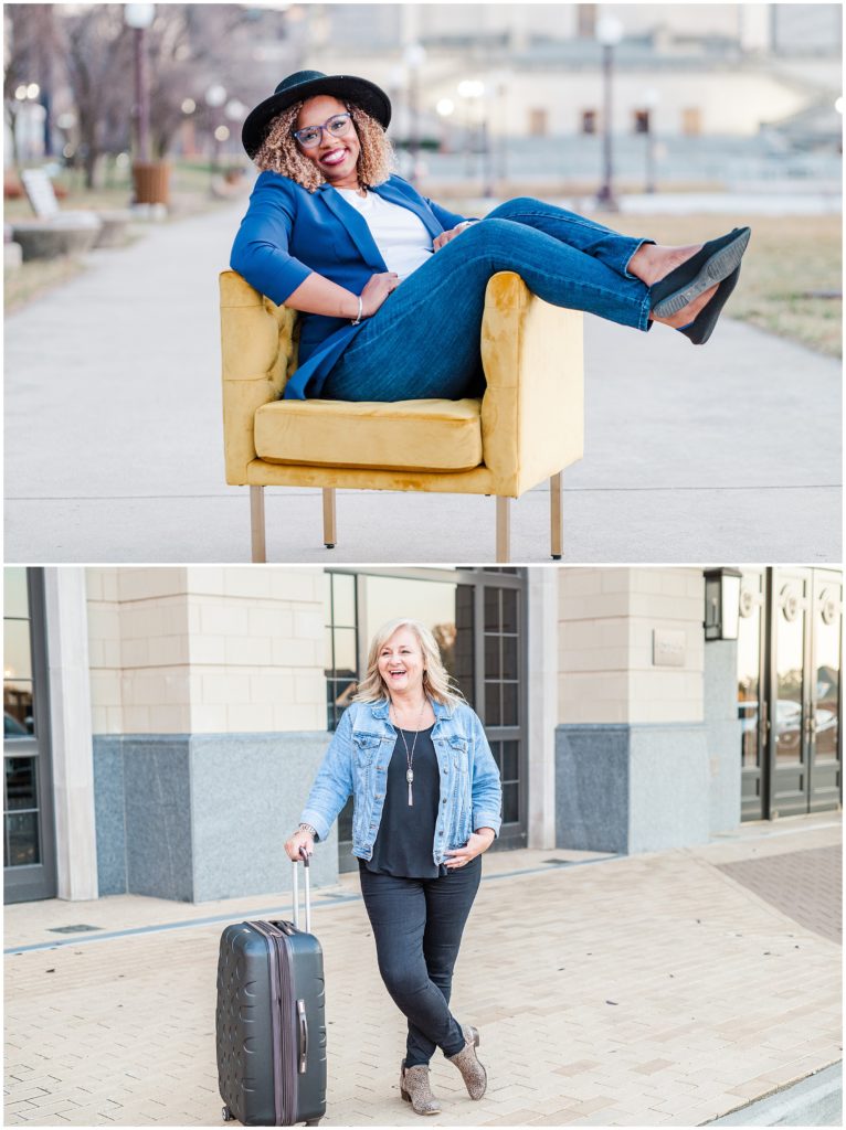 2 image collage, the image on the top is an African American woman sitting in a mustard yellow velvet chair with jeans and a blue blazer on. She has on a black hat and glasses and is smiling and looking at the camera. The bottom image is a caucasian woman in black jeans and top with a jean jacket. She is leaning on a rolling luggage bag with her other hand in her pocket and smiling to the camera left.