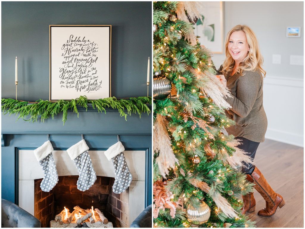 2 image collage, the image on the left is a detail photo of a modern fireplace with limestone and painted in a dark blue. There are three polkadot grey and white fuzzy stockings above the fire, green pine tree garland on the mantle, two tall candles on each side of a framed canvas with a quote in cursive. The image on the right is a blond woman facing a Christmas tree and decorating as she looks at the camera and smiles.