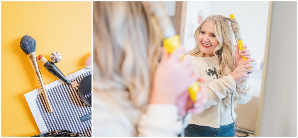 2 image collage, the left image is a detail shot on yellow background of a makeup back opened and spilling out various makeup products. The left image is a blond woman standing slightly in front of the camera left, looking into a mirror and smiling as she curls her hair, the image focuses on her reflection in the mirror. 